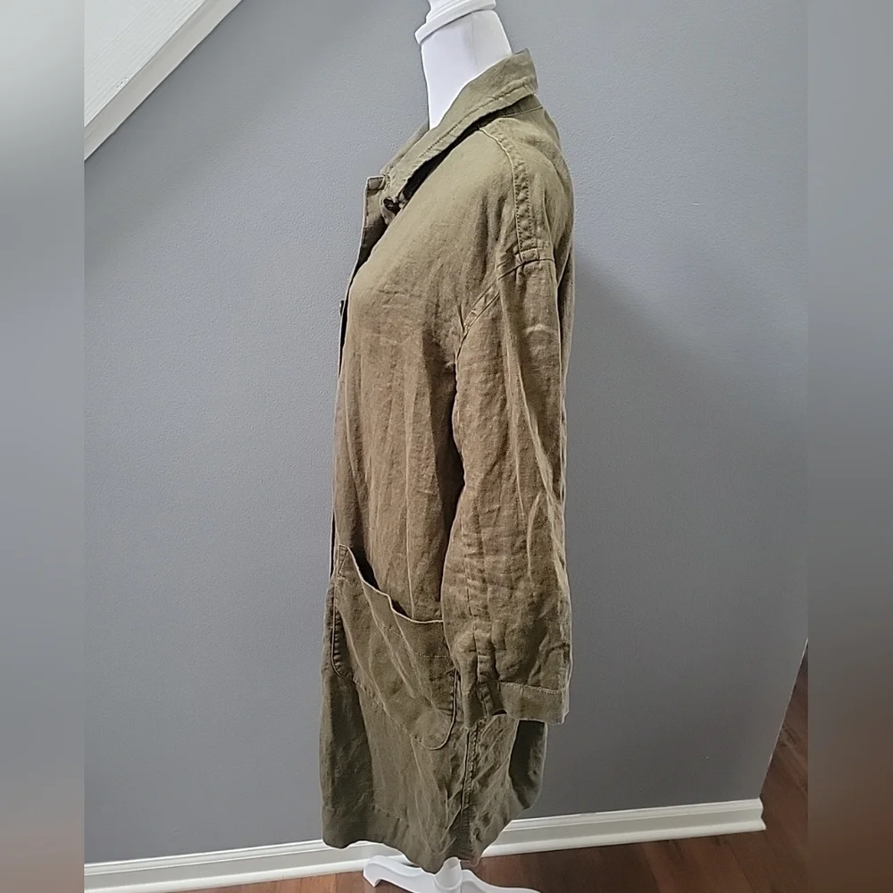 Madewell Army Green 100% Linen Oversized Long Duster Coat  BUTTON UP SMALL - Picture 3 of 6